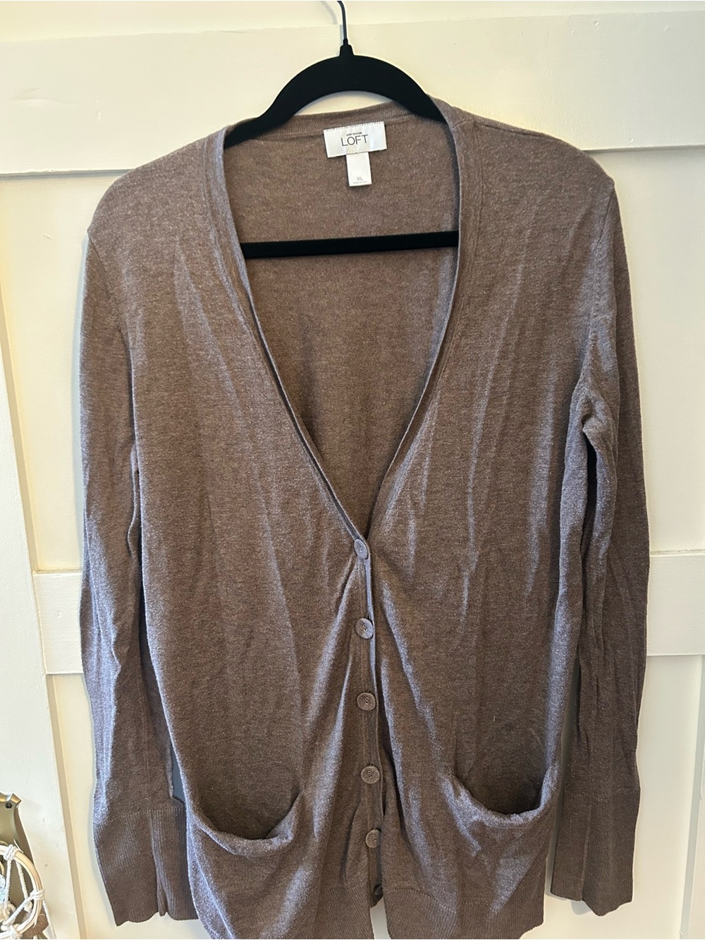 LOFT Taupe Crew-Neck Button Front Cardigan